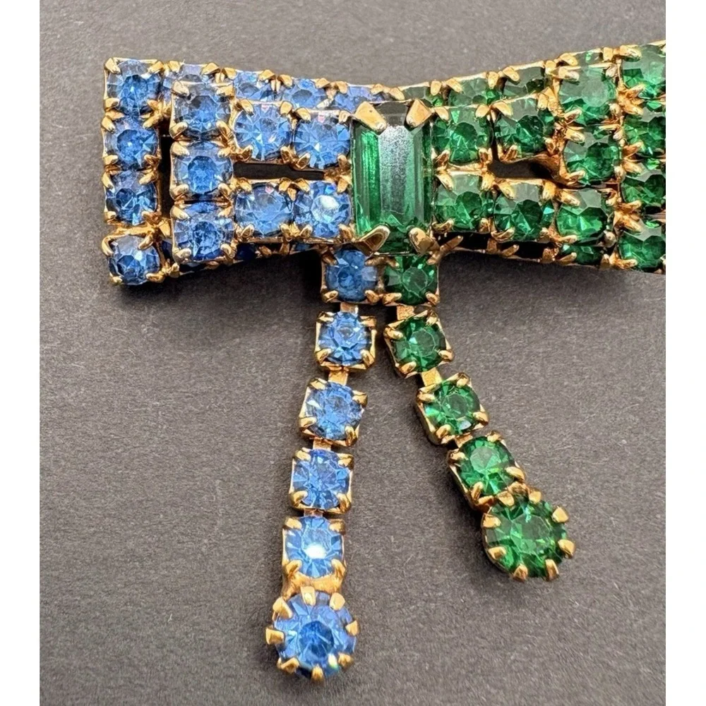 Vintage Blue Green‎ Bow Ribbon Dangle Brooch Prong Set Rhinestones Gold Tone